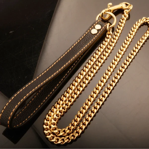 18K Gold Dog Leash with Genuine Leather Handle